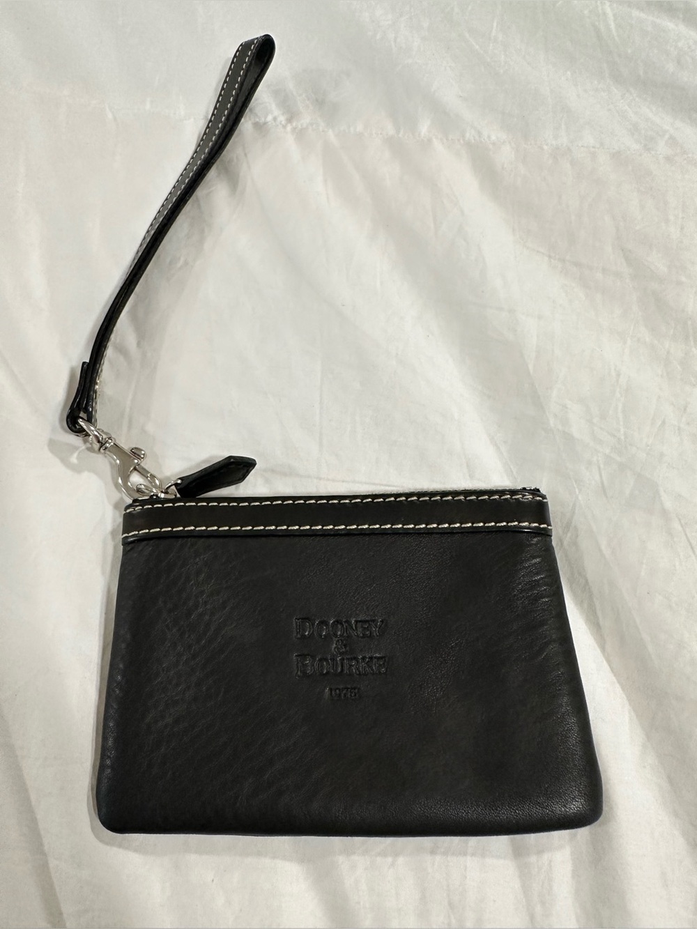 Dooney & Bourke Dark Brown Leather Wristlet Pouch with Contrast Stitching